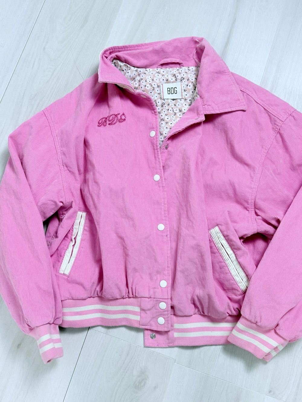 BDG Pink Varsity-Trim Retro Corduroy Bomber Jacket